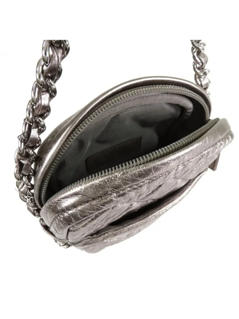 Chanel Quilted Chain Bag Metallic Silver Leather CC Logo Handbag